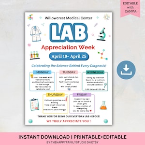 Può includere: Un poster stampabile e modificabile per la Settimana di apprezzamento del laboratorio del Willowcrest Medical Center, dal 19 al 25 aprile. Il poster presenta un design blu e bianco con la parola "LAB" a caratteri grandi.
