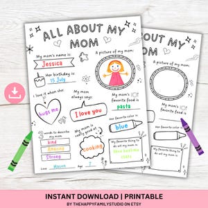 All About My Mom Worksheet, Mother&#39;s Day Coloring Page, Mother&#39;s Day Gift, Mother&#39;s Day Coloring Questionnaire, Fill in Blank Coloring Page