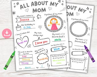All About My Mom Mum Fill in the Blank, Mother's Day Worksheet, All About My Mom Questionnaire, Mother's Day Kids Interview Gift