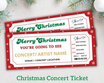 Puede incluir: Plantilla de boleto de concierto de Navidad imprimible con fondo rojo y blanco, copos de nieve y una estrella dorada. El texto dice "Feliz Navidad" y "Vas a ver" con un espacio para el nombre del concierto y la ubicación.