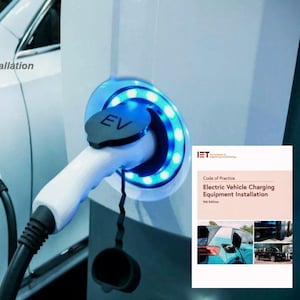 May include: A white electric vehicle is plugged into a charging station. The charging port is illuminated with blue lights. A document titled "Electric Vehicle Charging Equipment Installation" is visible in the background.