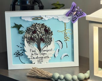 Shadow Box a Sincere Gift for anyone who has lost a loved one. Has a Cardinal Hummingbird Angel Wings Feather Faith Halo Butterfly Dandelion