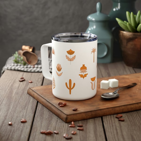 Retro Natural Motif Insulated Coffee Mug, 10oz, Travel Mug, Desert Organic Pattern