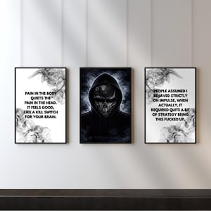 May include: Three framed art prints with black frames. The center print features a hooded skull. The other two prints have white text on a black background. One says "PAIN IN THE BODY QUIETS THE PAIN IN THE HEAD. IT FEELS GOOD, LIKE A KILL SWITCH FOR YOUR BRAIN." The other says "PEOPLE ASSUMED I BEHAVED STRICTLY ON IMPULSE, WHEN ACTUALLY, IT REQUIRED QUITE A BIT OF STRATEGY BEING THIS FUCKED UP."