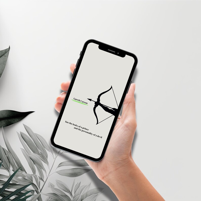 May include: A smartphone displaying a light gray screen with a black silhouette of a bow and arrow, the text Gareth Carson underlined in green, and the text has the looks of a prince and the personality of a devil in black font.