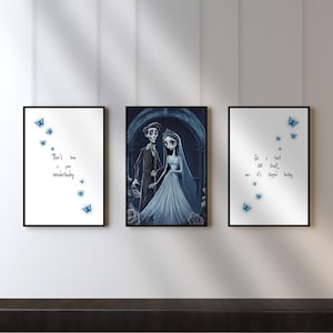 Set di 4 poster di "La sposa cadavere" / Arte murale digitale di Tim Burton con citazioni iconiche / Decorazioni cinematografiche gotiche / Arte stampabile a casa per i fan