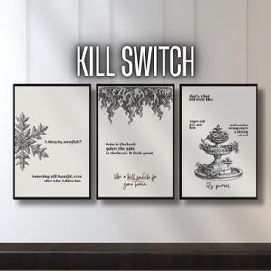 May include: Three framed wall art prints with black frames. The left print shows a snowflake and text. The center print features abstract flame-like shapes and text. The right print displays a stone fountain with flowers and text. The word KILL SWITCH is centered above the three prints.