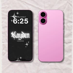 May include: A pink smartphone shown from both the front and back. The front screen displays a black background with white star graphics and the text Kayden Lockwood, along with the time 6:25 and the date Sunday, October 5. The back is solid pink.