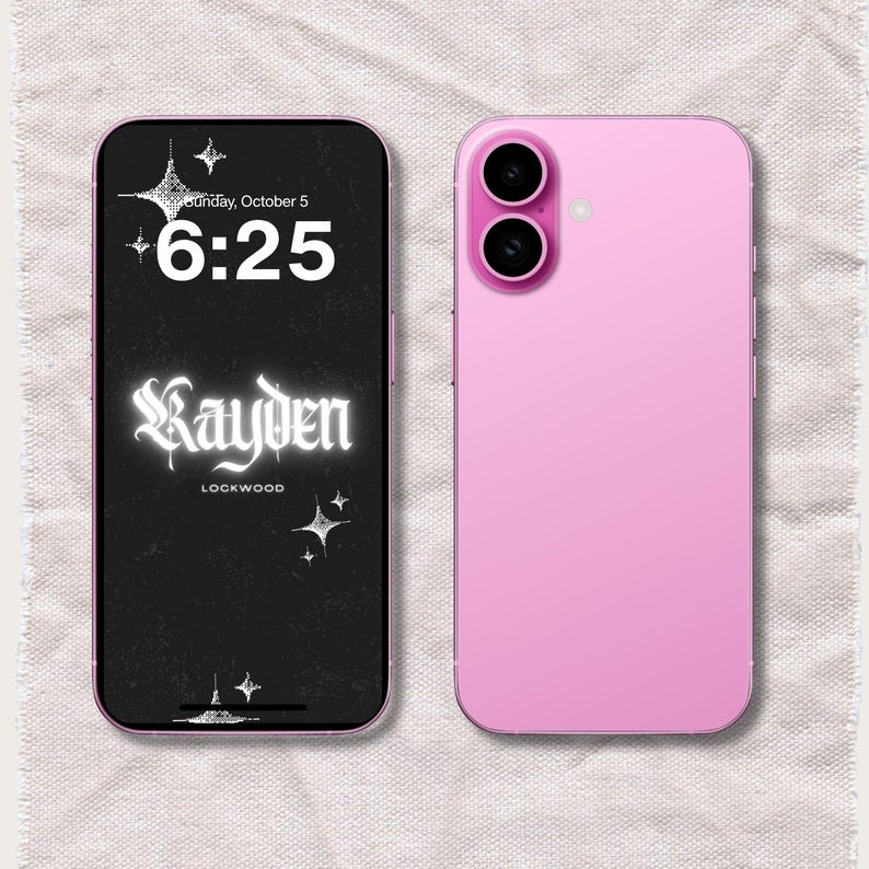 May include: A pink smartphone shown from both the front and back. The front screen displays a black background with white star graphics and the text Kayden Lockwood, along with the time 6:25 and the date Sunday, October 5. The back is solid pink.