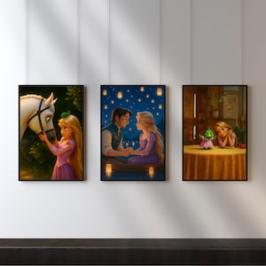 Set of 3 Tangled inspired Digital Arts | Rapunzel, Flynn Rider, Pascal & Maximus | Wall Prints for Nursery or Playroom
