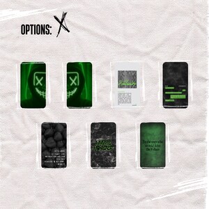 May include: A collection of seven rectangular phone case designs labeled OPTIONS: X. The designs feature green neon masks, a white card with the text Villain, a black smoke background with green text bubbles, strawberries, marble, and text.