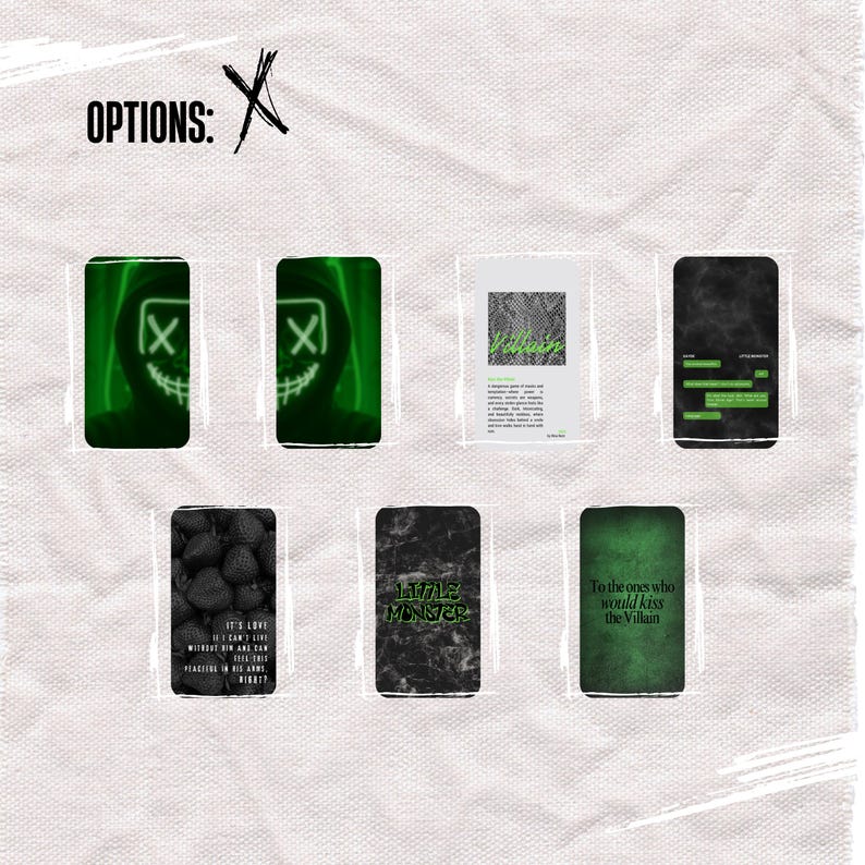 May include: A collection of seven rectangular phone case designs labeled OPTIONS: X. The designs feature green neon masks, a white card with the text Villain, a black smoke background with green text bubbles, strawberries, marble, and text.