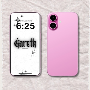 May include: A pink smartphone shown from the front and back. The front screen displays the time 6:25, the date Sunday, October 5, and the text Gareth Carson in a gothic font with star graphics. The back of the phone is solid pink with two camera lenses.