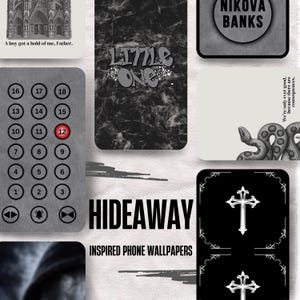 May include: A selection of phone wallpapers with diverse designs. One has a marble effect with "LITTLE ONE" text. Another shows a cross design. Other designs include a church, a snake illustration, and a keypad. The text "HIDEAWAY INSPIRED PHONE WALLPAPERS" is also visible.