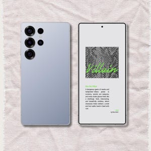 May include: A light lavender smartphone with a multi-lens camera system positioned next to a smartphone displaying a book cover titled Villain by Rina Kent, featuring a snake-skin pattern and a synopsis of the story in black and green text.