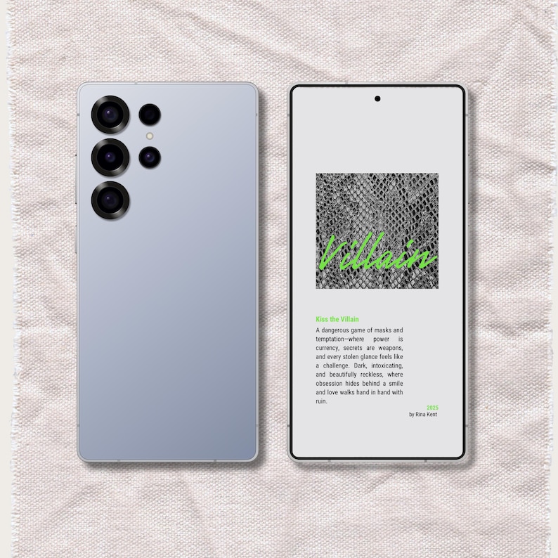 May include: A light lavender smartphone with a multi-lens camera system positioned next to a smartphone displaying a book cover titled Villain by Rina Kent, featuring a snake-skin pattern and a synopsis of the story in black and green text.