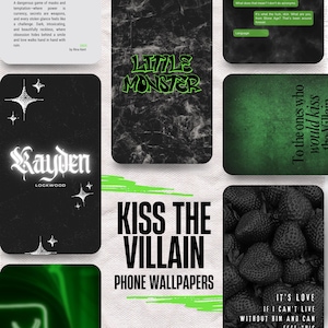 May include: A collection of digital phone wallpapers featuring dark themes, including text overlays like Little Monster, Kayden Lockwood, and Kiss The Villain. The designs incorporate green and black color palettes, star motifs, and strawberry imagery.