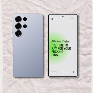 May include: A light gray smartphone with a four-lens camera array on the back and a screen displaying the text: Hello there, Professor. IT'S TIME TO PAY FOR YOUR FUCKING SINS. The screen also includes the author name Rina Kent and the title Kiss the Villain.