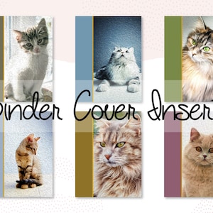 May include: Six printable binder cover and insert designs featuring different cats. The designs are in a vertical format with a coloured background and a vertical gold stripe on the left side. The text "Binder Cover Inserts" is printed in black across the middle of the image.