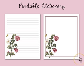 Vintage Old Rose | Printable Stationery | Floral Print | A4, US Letter 8.5x11 in | Lined, Unlined Digital Letter | Writing Paper