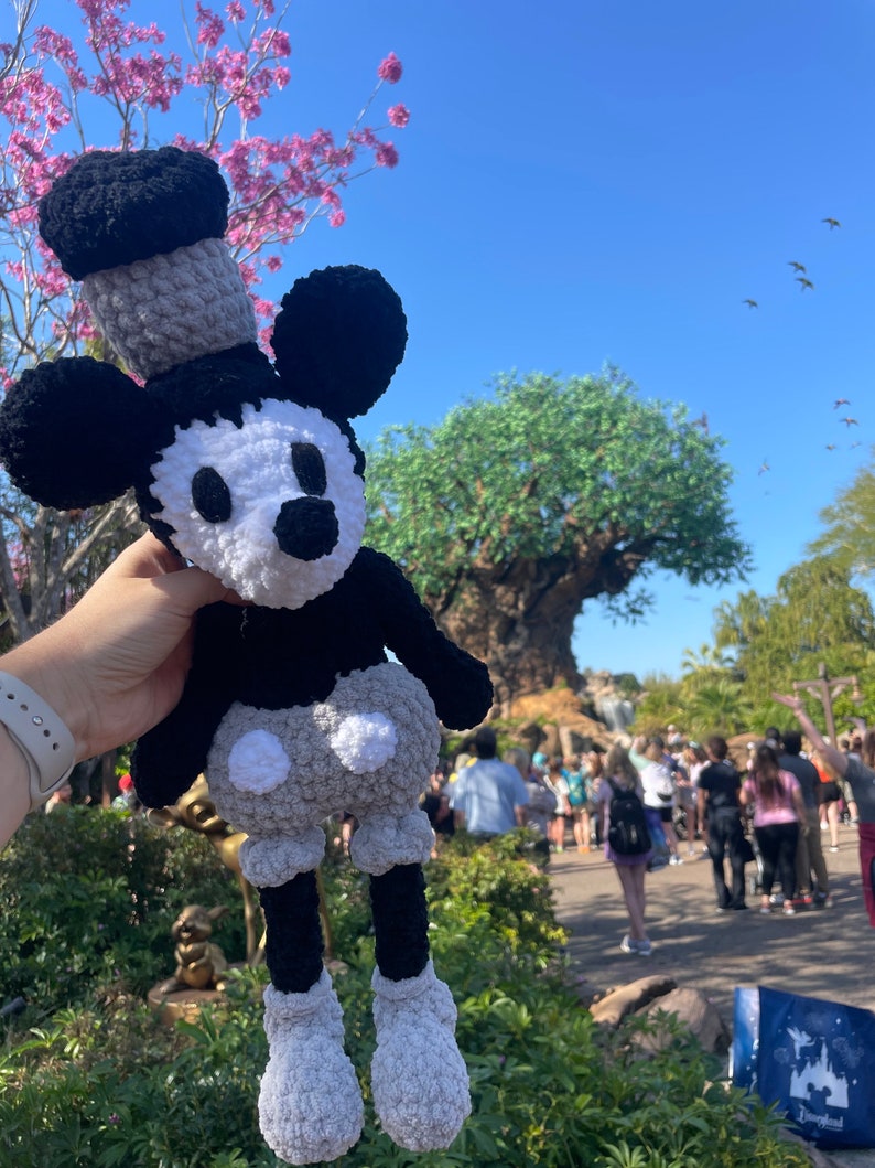 May include: A black and white crocheted Mickey Mouse plush toy with a grey hat. The toy is being held in front of a large tree with a waterfall in the background.