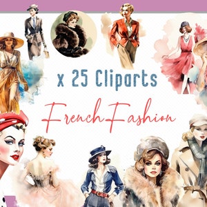 Watercolor French Fashion, Watercolor Cliparts PNG of Vintage French Woman, 1920s Woman, Clipart Vintage Fashion, Commercial Use