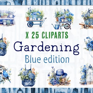 Paquete de imágenes prediseñadas de jardinería azul acuarela, herramientas de jardinería de acuarela azul PNG para Scrapbooking o tarjetas, descarga instantánea