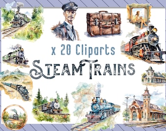Watercolor Old Trains Clipart bundle, Vintage trains PNG for creative projects, Wall Art Trains, Instant Download