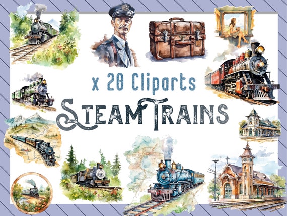 Watercolor Old Trains Clipart bundle, Vintage trains PNG for creative projects, Wall Art Trains, Instant Download