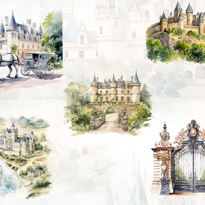 May include: A watercolor illustration of six different castles, including a castle with a horse-drawn carriage in front of it, a castle with a bridge and an archway, a castle on a hill, a castle with a river running through it, and a castle gate.
