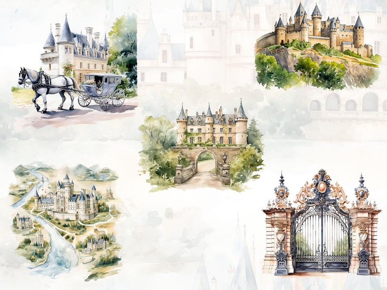 May include: A watercolor illustration of six different castles, including a castle with a horse-drawn carriage in front of it, a castle with a bridge and an archway, a castle on a hill, a castle with a river running through it, and a castle gate.