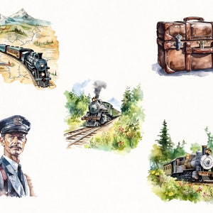 以下が含まれることがあります： 水彩画で描かれた、山岳地帯を走るレトロな列車。列車は、茶色と黒の機関車と複数の客車を連結した蒸気機関車。緑と茶色の山々が背景に広がる風景。