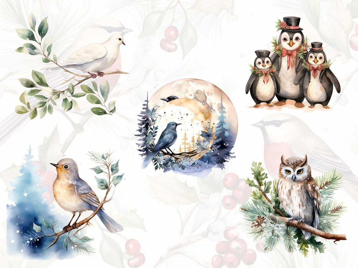 Watercolor Christmas Birds, Clipart PNG Cute Christmas Birds Bundle ...