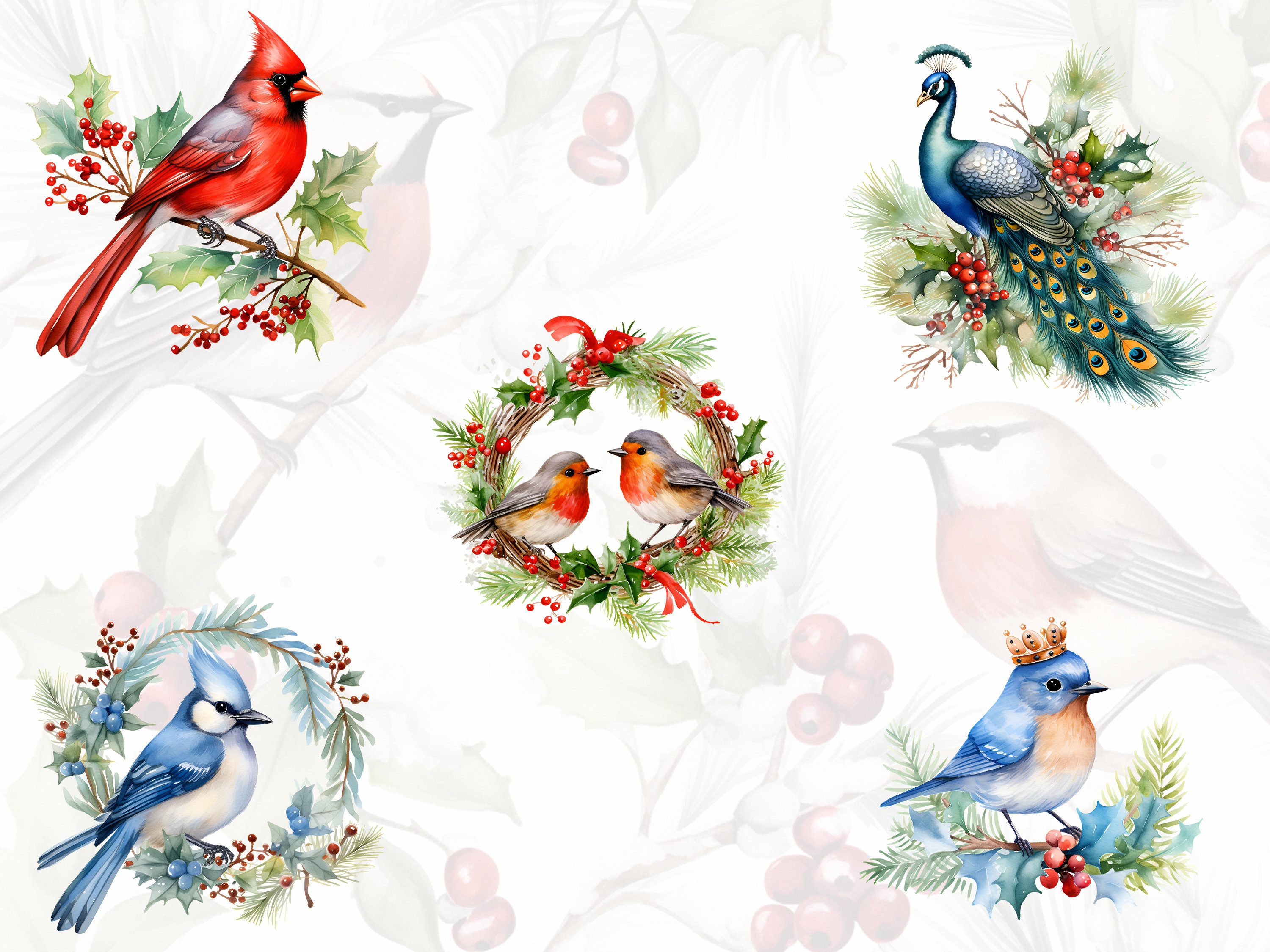 Watercolor Christmas Birds, Clipart PNG Cute Christmas Birds Bundle ...