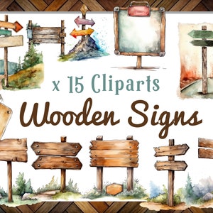 Watercolor Wooden Signs bundle, Cliparts of empty wooden signs, Watercolor PNG of wood signs, Instant Download, Clipart travel image 1