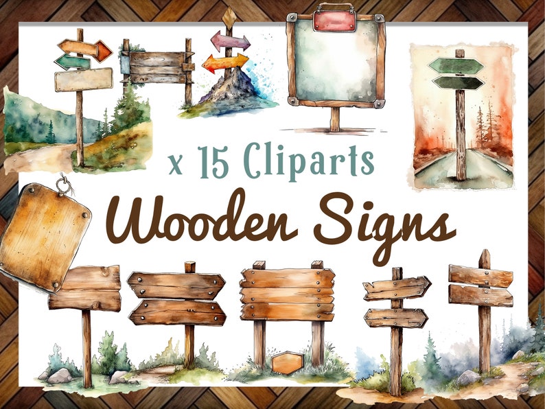 Watercolor Wooden Signs bundle, Cliparts of empty wooden signs, Watercolor PNG of wood signs, Instant Download, Clipart travel image 1