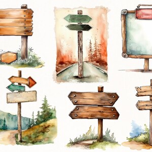 Watercolor Wooden Signs bundle, Cliparts of empty wooden signs, Watercolor PNG of wood signs, Instant Download, Clipart travel image 3