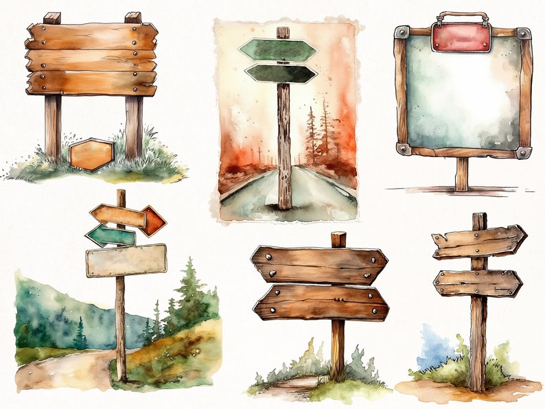 Watercolor Wooden Signs bundle, Cliparts of empty wooden signs, Watercolor PNG of wood signs, Instant Download, Clipart travel image 3