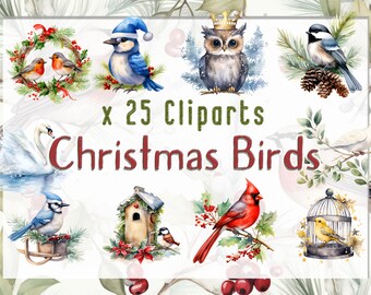 May include: A set of 25 watercolor illustrations of Christmas birds. The illustrations include a cardinal, blue jay, owl, robin, swan, and more. The birds are depicted in various poses and settings, including a birdhouse, a wreath, and a snowy branch.  x 25 Clipart Christmas Birds