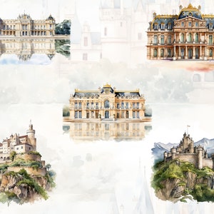 May include: A watercolor illustration of five different castles. The castles are all drawn in a realistic style and are set against a white background. The castles are all different sizes and shapes, and they all have unique features. Some of the castles have towers, while others have walls and gates. The castles are all surrounded by greenery, and some of them have water features.