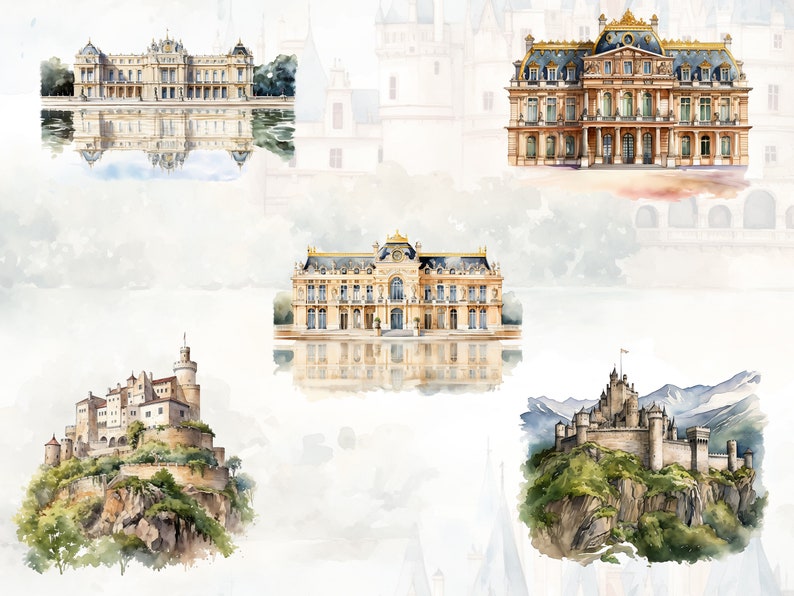 May include: A watercolor illustration of five different castles. The castles are all drawn in a realistic style and are set against a white background. The castles are all different sizes and shapes, and they all have unique features. Some of the castles have towers, while others have walls and gates. The castles are all surrounded by greenery, and some of them have water features.