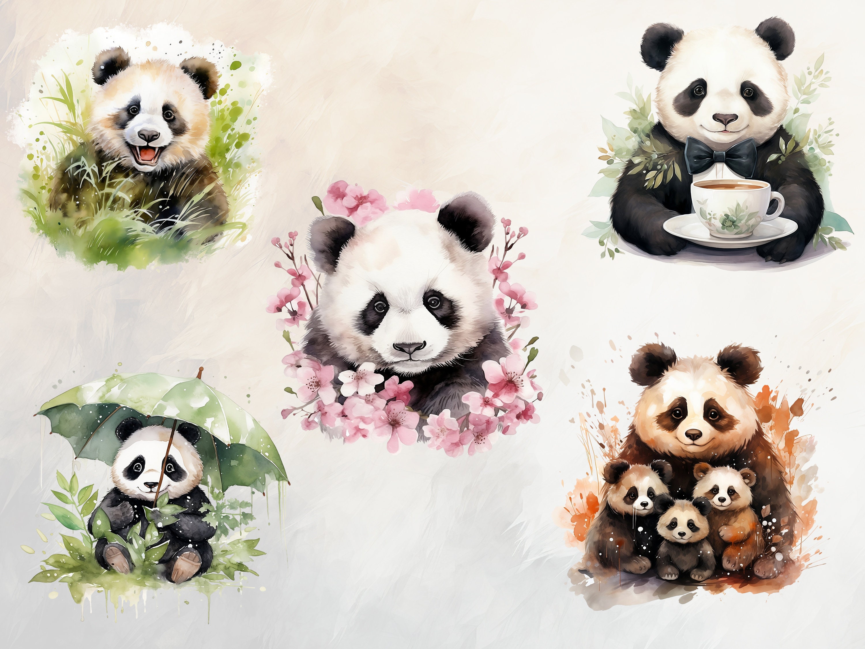 Watercolor Panda Clipart Bundle, Watercolor Cute and Funny Pandas PNG ...