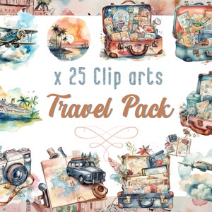 Watercolor Drawings Travel Pack, Clipart PNG Travel Journal, Watercolor Diary Bundle, Commercial use, Instant Digital Download