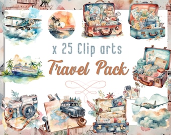 Watercolor Drawings Travel Pack, Clipart PNG Travel Journal, Watercolor Diary Bundle, Commercial use, Instant Digital Download