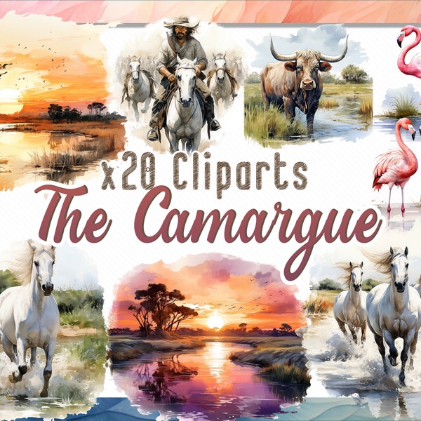 Die Camargue Clipart Illustrationen | Camargue PNG Clipart | Französisches Landschafts-Clipart-Bundle, sofortiger digitaler Download, kommerzielle Nutzung