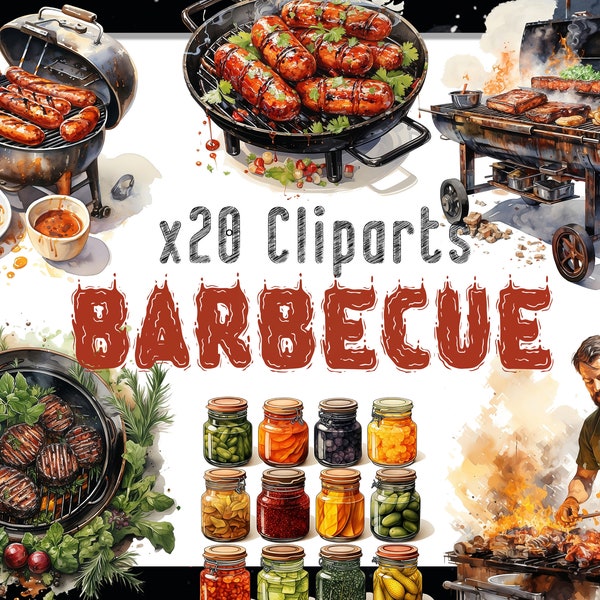 Watercolor Barbecue Pack, Clipart PNG Barbecue Illustrations, Barbecue Bundle, Commercial use, Instant Digital Download