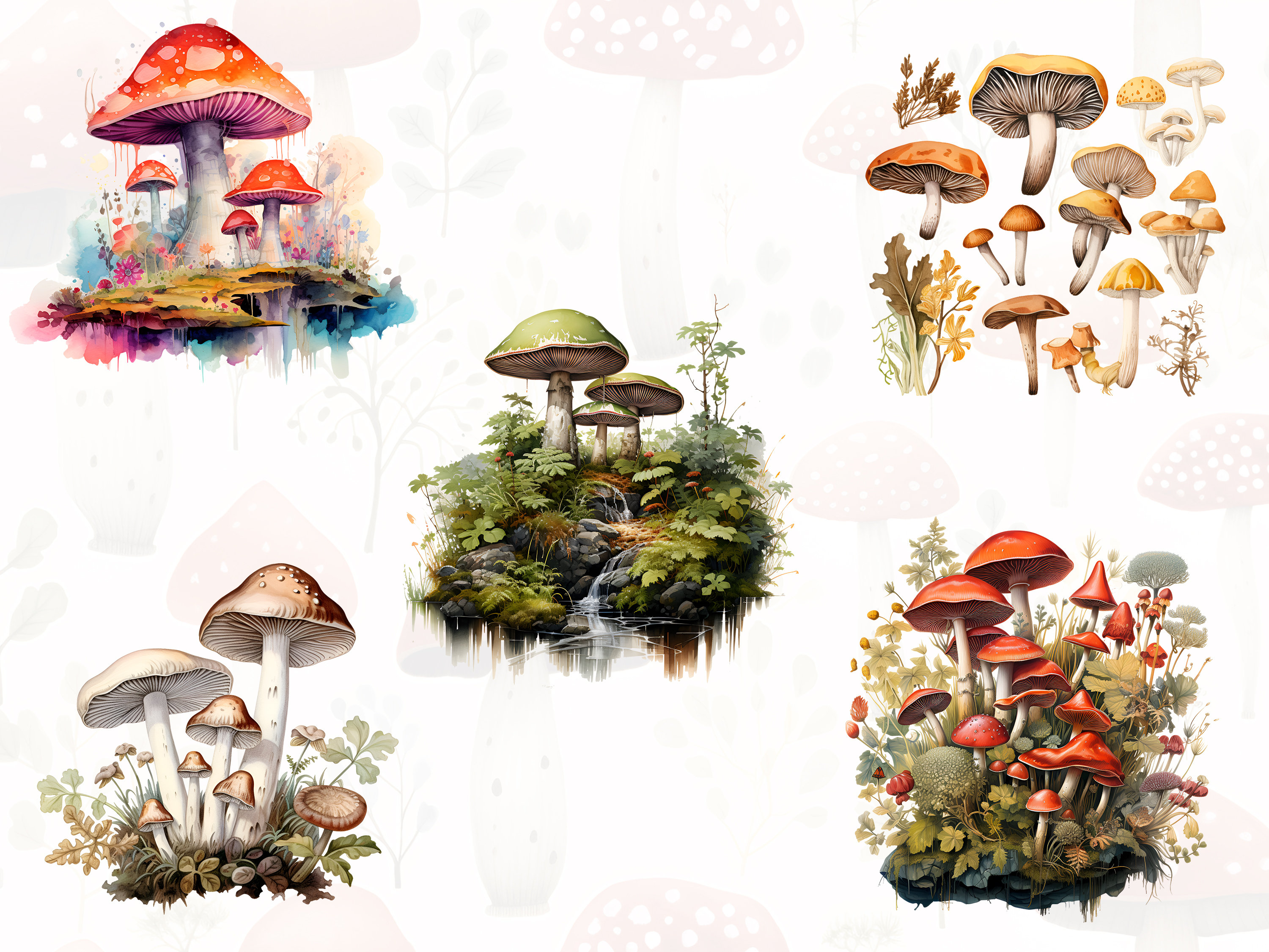 Watercolor Mushroom Bundle | Mushrooms Illustrations PNG Clipart | Fall ...