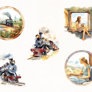 以下が含まれることがあります： 窓から外を眺める女性と、ヴィンテージな列車を描いた水彩画。列車は煙と雲が漂う水彩画の背景に囲まれている。女性は薄い水色のドレスを着て、長い茶色の髪をしている。