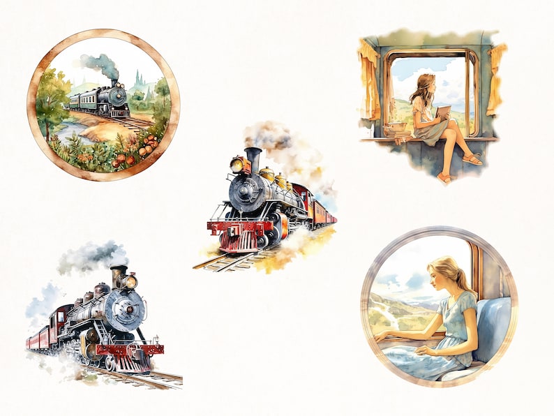 以下が含まれることがあります： 窓から外を眺める女性と、ヴィンテージな列車を描いた水彩画。列車は煙と雲が漂う水彩画の背景に囲まれている。女性は薄い水色のドレスを着て、長い茶色の髪をしている。