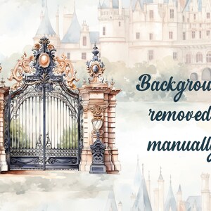 May include: A watercolor illustration of a large, ornate iron gate with gold accents. The gate is set against a backdrop of a watercolor painting of a castle.